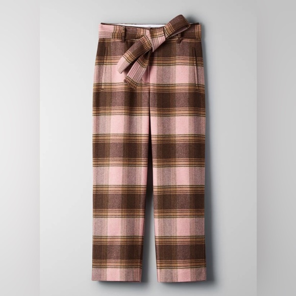 Aritzia Wilfred Soft Pink/Brown Plaid New Tie-Front Wool Cashmere Trouser Pant - Picture 3 of 15